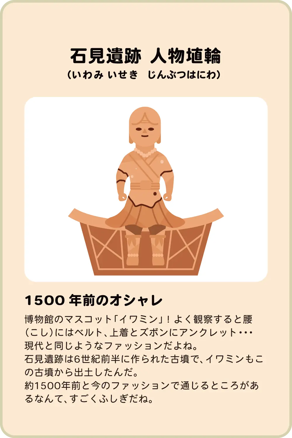 石見遺跡 人物埴輪 1500年前のオシャレ 博物館のマスコット「イワミン」！よく観察すると腰（こし）にはベルト、上着とズボンにアンクレット・・・現代と同じようなファッションだよね。石見遺跡は6世紀前半に作られた古墳で、イワミンもこの古墳から出土したんだ。約1500年前と今のファッションで通じるところがあるなんて、すごくふしぎだね。
