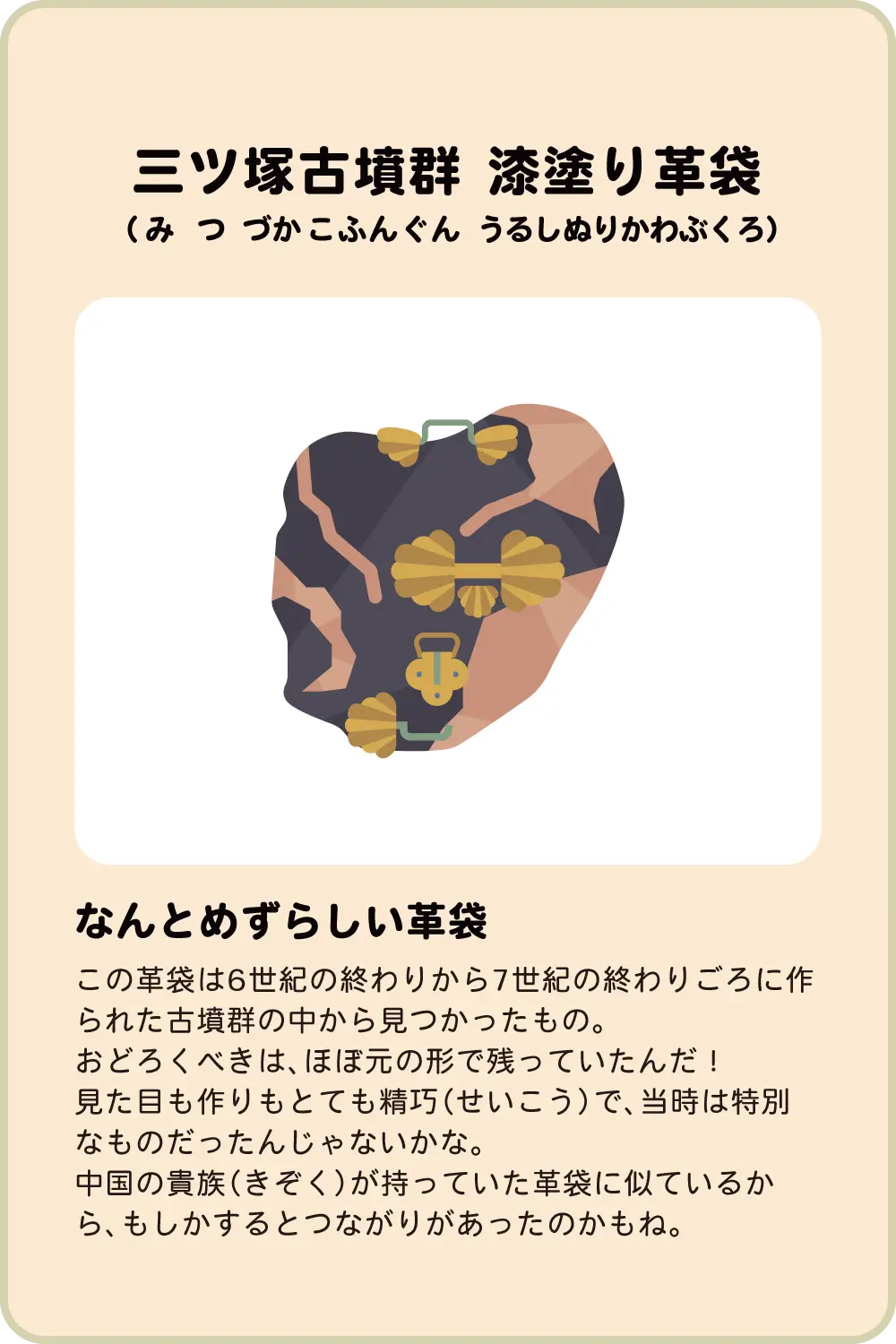 三ツ塚古墳群 漆塗り革袋 なんとめずらしい革袋 この革袋は6世紀の終わりから7世紀の終わりごろに作られた古墳群の中から見つかったもの。おどろくべきは、ほぼ元の形で残っていたんだ！見た目も作りもとても精巧（せいこう）で、当時は特別なものだったんじゃないかな。中国の貴族（きぞく）が持っていた革袋に似ているから、もしかするとつながりがあったのかもね。