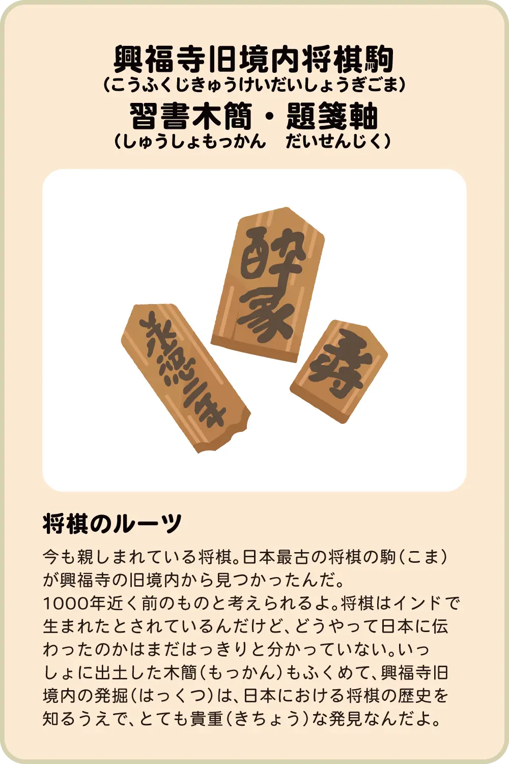 興福寺旧境内将棋駒 習書木簡・題箋軸 将棋のルーツ 今も親しまれている将棋。日本最古の将棋の駒（こま）が興福寺の旧境内から見つかったんだ。1000年近く前のものと考えられるよ。将棋はインドで生まれたとされているんだけど、どうやって日本に伝わったのかはまだはっきりと分かっていない。いっしょに出土した木簡（もっかん）もふくめて、興福寺旧境内の発掘（はっくつ）は、日本における将棋の歴史を知るうえで、とても貴重（きちょう）な発見なんだよ。